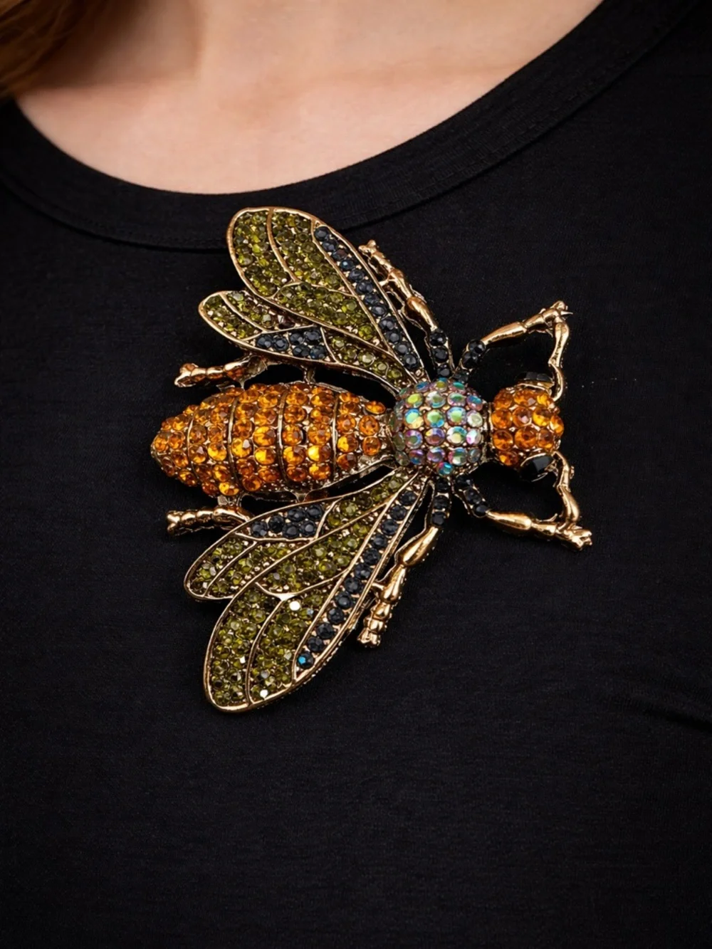 Gold-Tone Bee Crystal Brooch